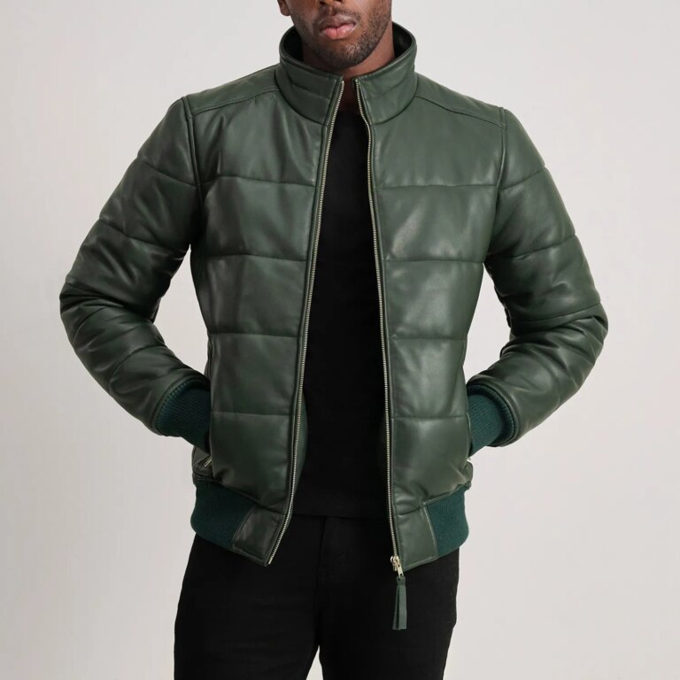 Mens Lucas Green Leather Puffer Bomber Jacket Open Front-4-1733757828203